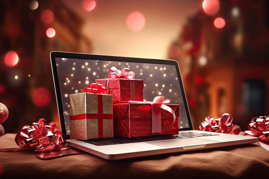 Online sales and shopping concept. Online buying Christmas gifts. Christmas gifts on the laptop screen.