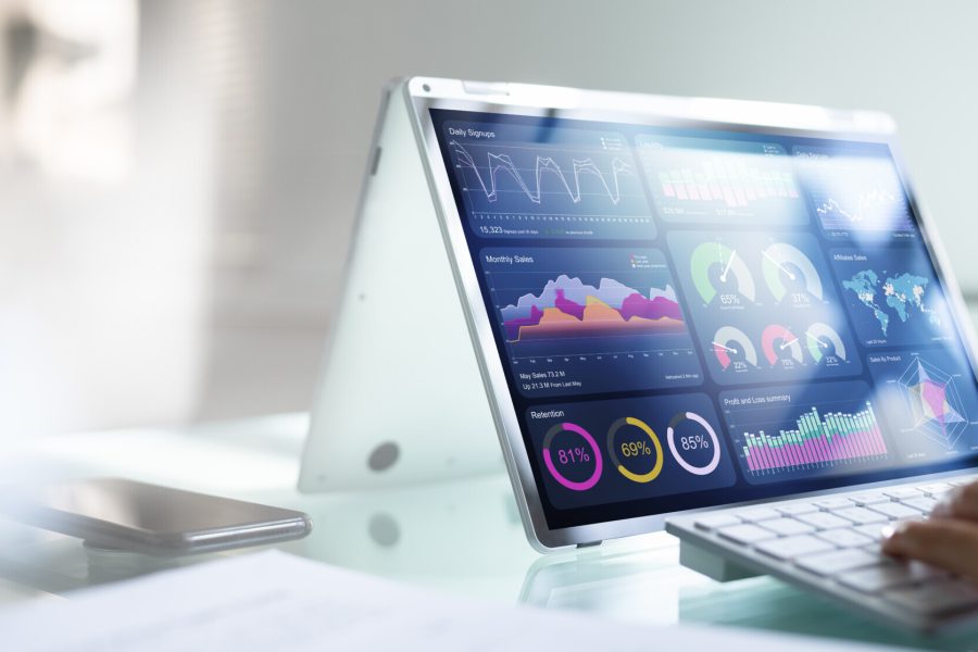 African Businesswoman Using Analytics Data KPI Dashboard Tech