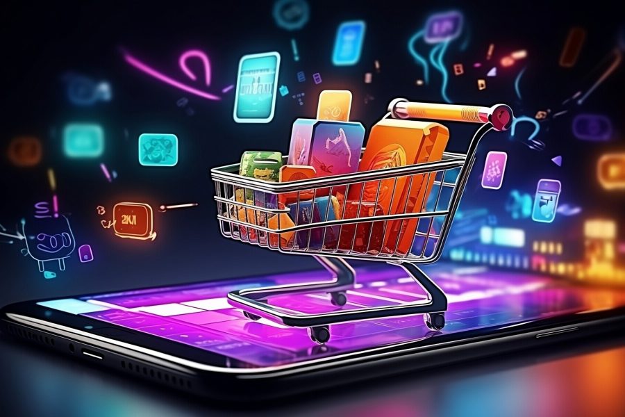 Futuristic online shopping technology digital payment from mobile phone. generative ai